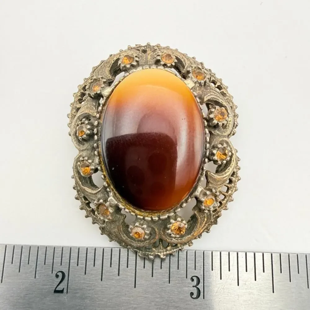Vtg Mid Century Victorian Revival Oval Faux Tiger Eye Pot Metal Brooch Pendant